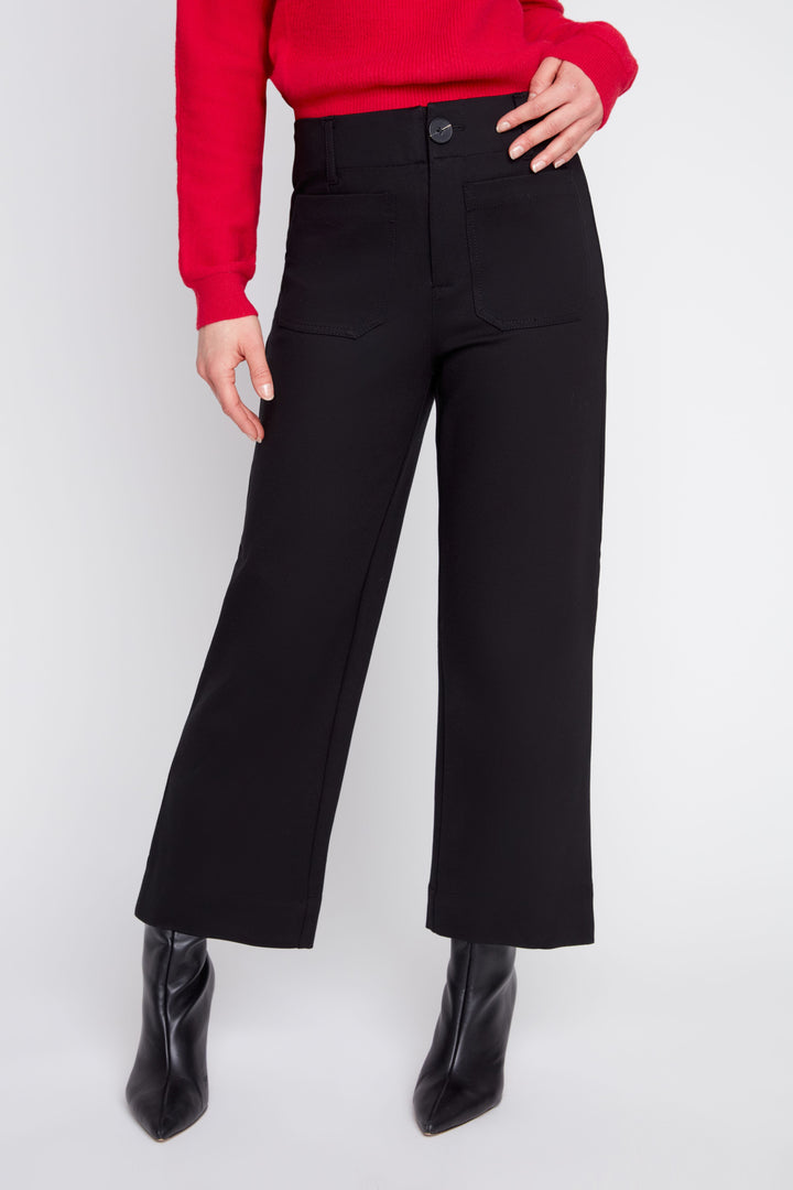 Button Waist Patch Pocket Pants - Black