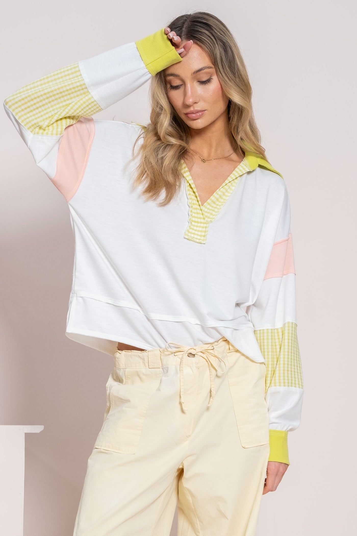 Color Block Long Sleeve Top - Off White
