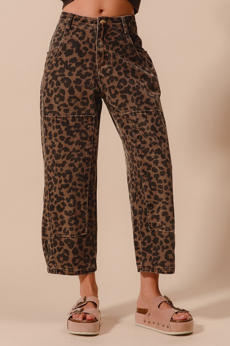 Leopard Print Mid Rise Wide Leg Barrel Jeans - Mocha Leopard