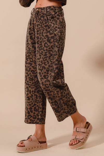 Leopard Print Mid Rise Wide Leg Barrel Jeans - Mocha Leopard