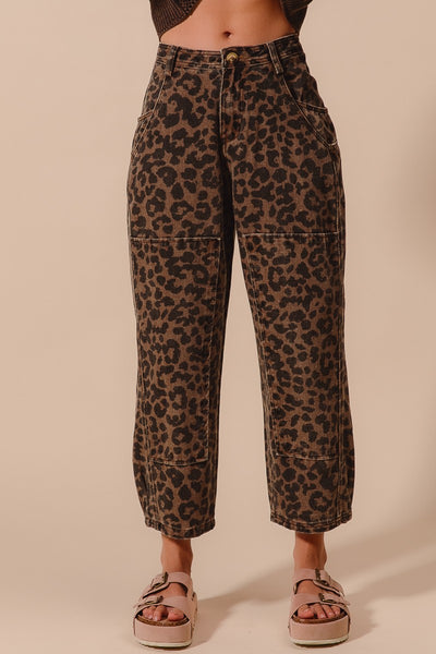 Leopard Print Mid Rise Wide Leg Barrel Jeans - Mocha Leopard