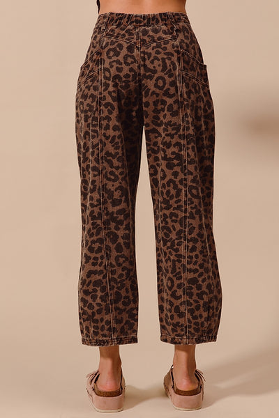 Leopard Print Mid Rise Wide Leg Barrel Jeans - Mocha Leopard