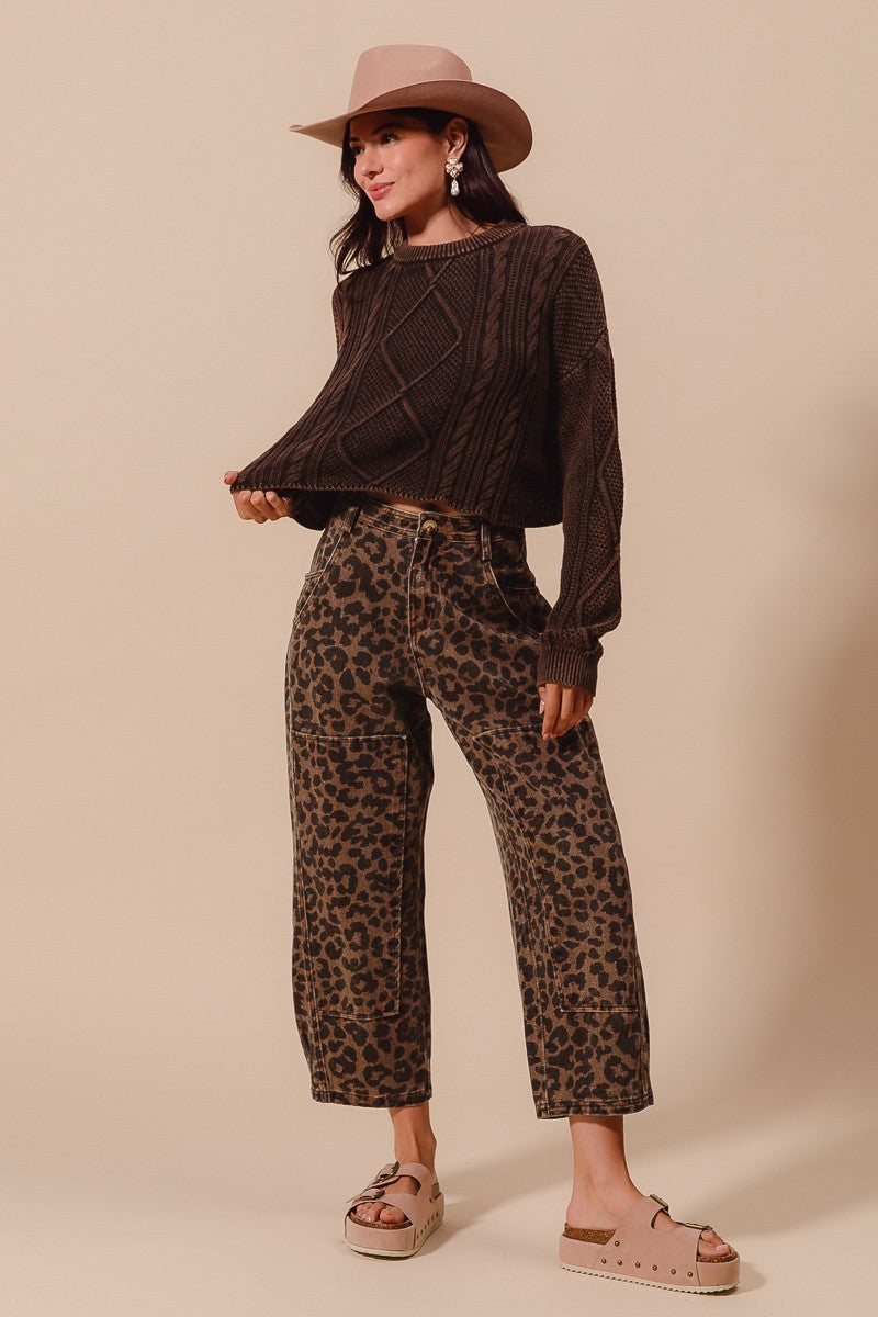 Leopard Print Mid Rise Wide Leg Barrel Jeans - Mocha Leopard