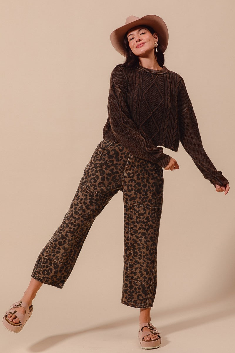 Leopard Print Mid Rise Wide Leg Barrel Jeans - Mocha Leopard