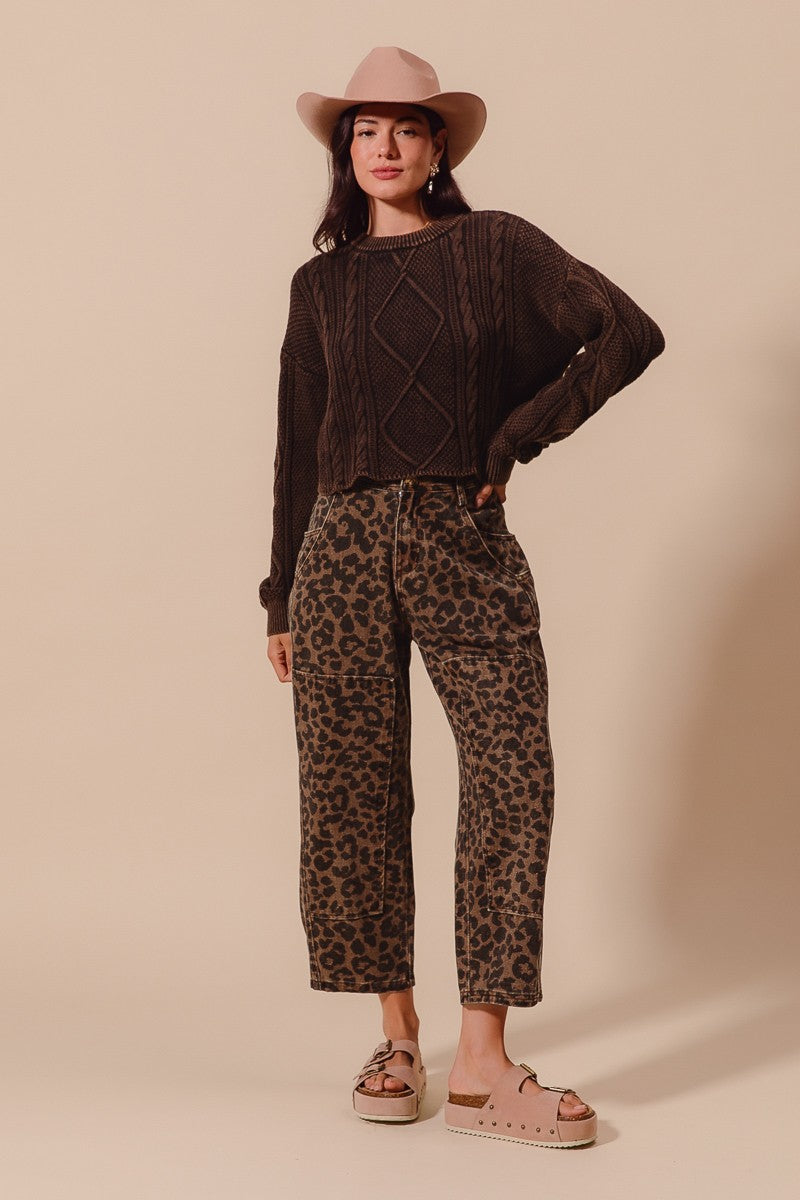 Leopard Print Mid Rise Wide Leg Barrel Jeans - Mocha Leopard