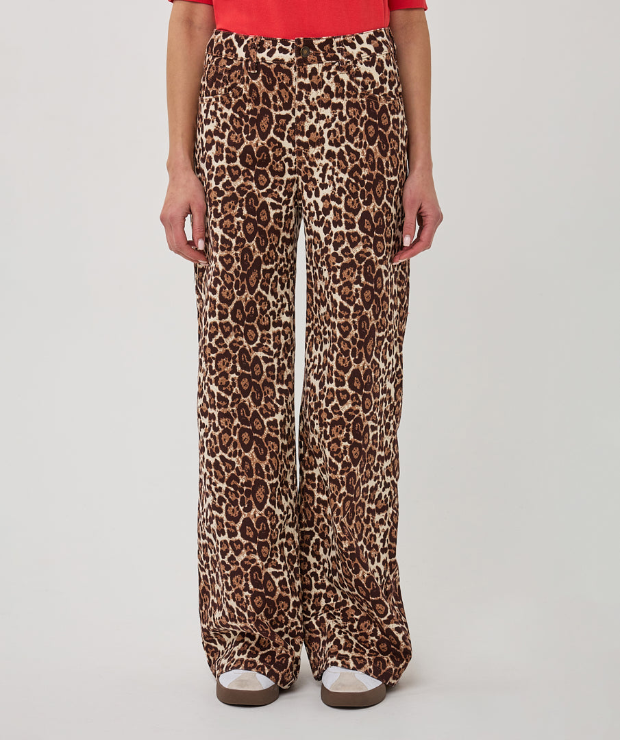 Leopard print pants worn by a person on a plain background