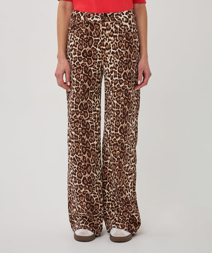 Leopard print pants worn by a person on a plain background