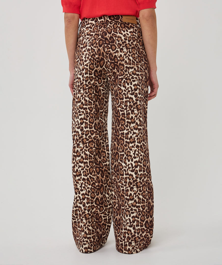 Leopard print pants worn by a person on a plain background