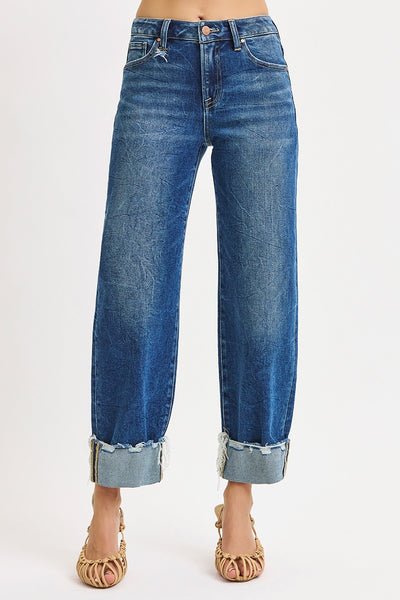High Rise Crop Boyfriend Cufffed Jeans - Medium