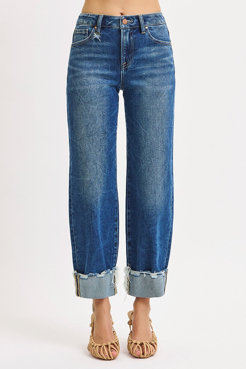 High Rise Crop Boyfriend Cufffed Jeans - Medium