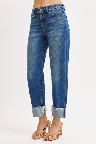 High Rise Crop Boyfriend Cufffed Jeans - Medium