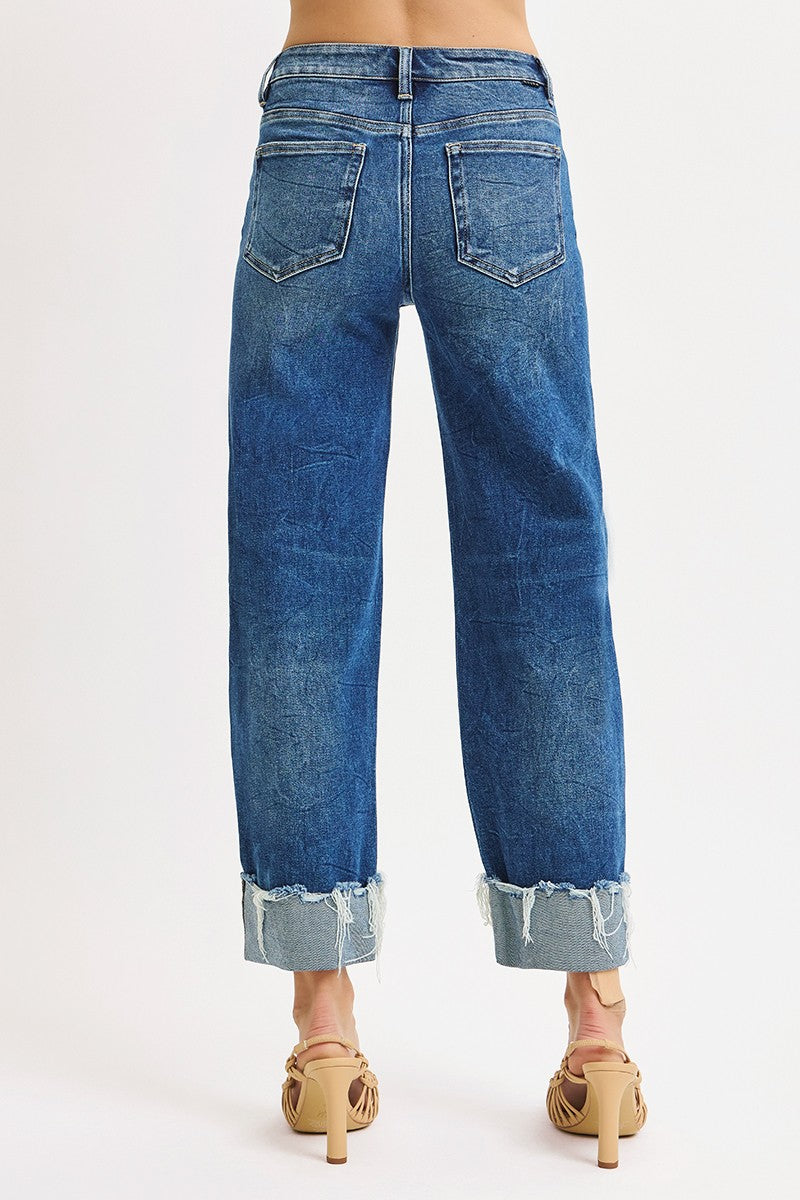High Rise Crop Boyfriend Cufffed Jeans - Medium