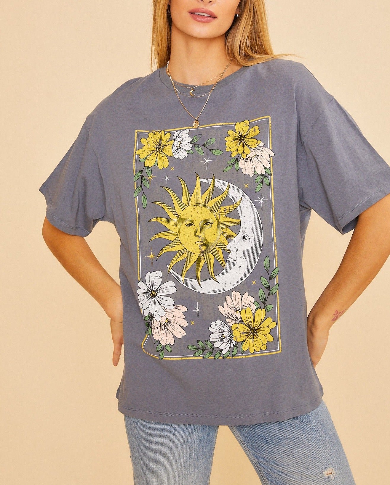 Floral Sun and Moon Graphic Tee - Slate