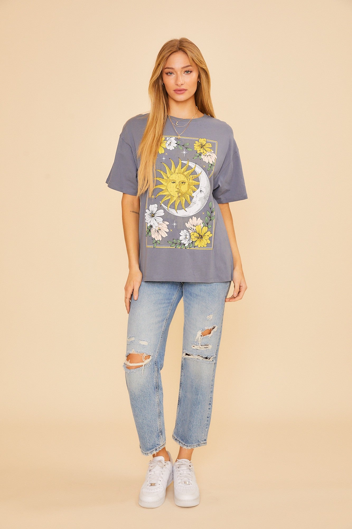 Floral Sun and Moon Graphic Tee - Slate