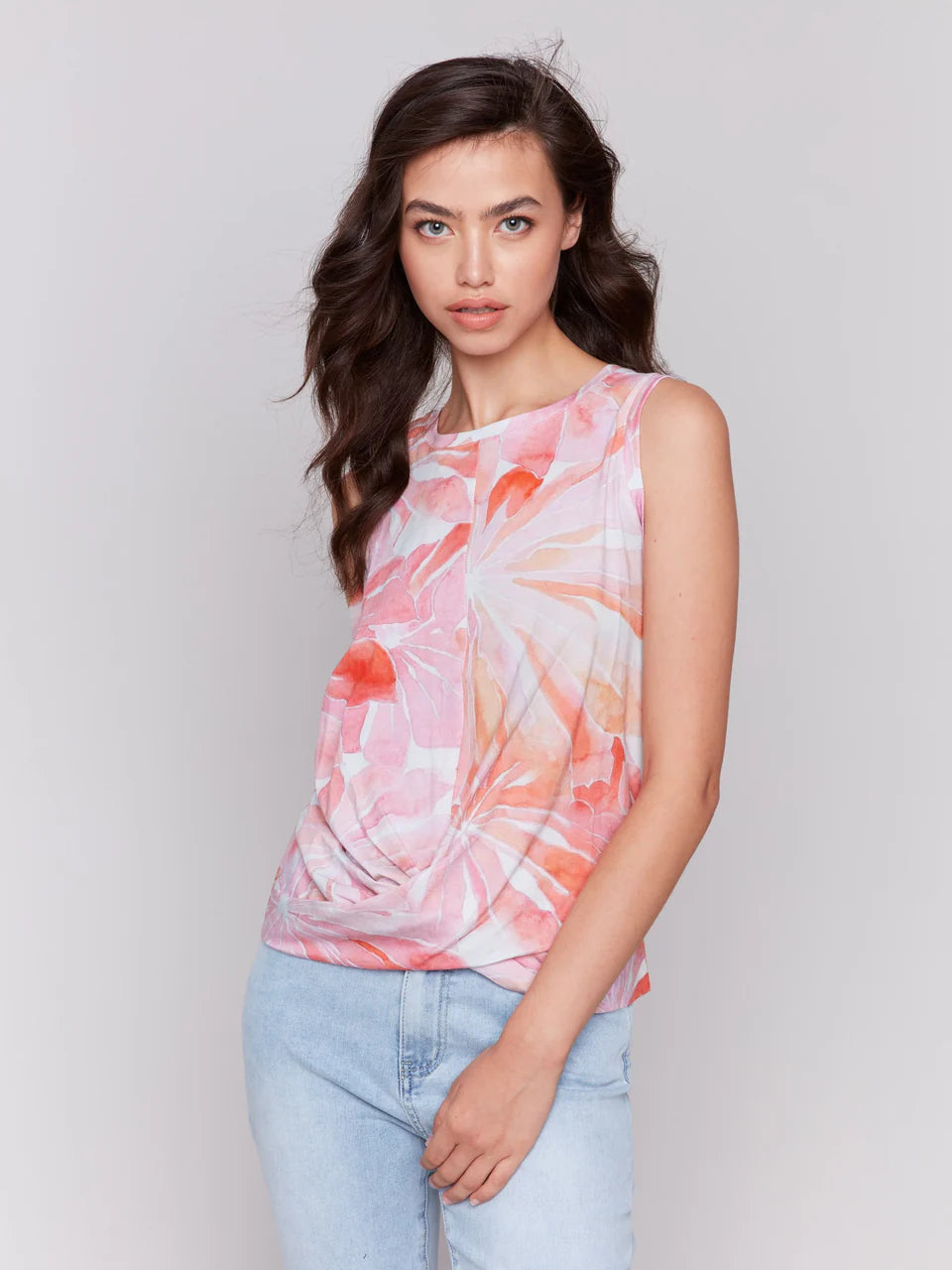 Printed Cotton Slub Tank Top with Knot Detail - Begonia