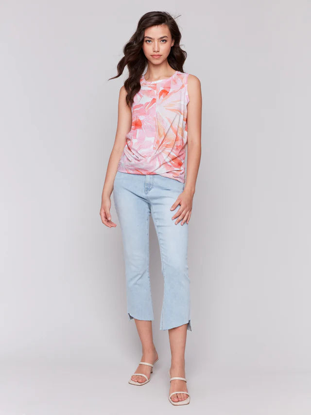 Printed Cotton Slub Tank Top with Knot Detail - Begonia