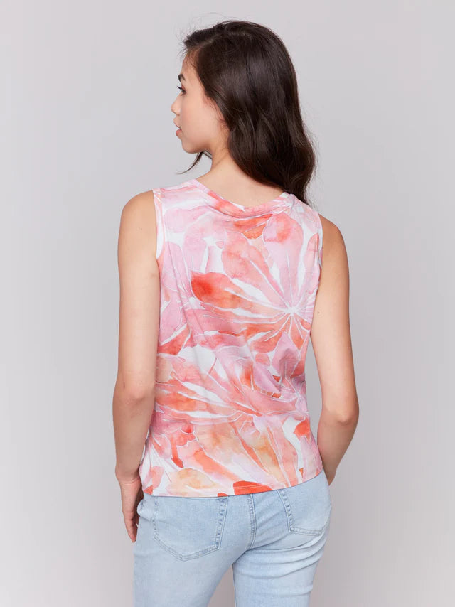 Printed Cotton Slub Tank Top with Knot Detail - Begonia