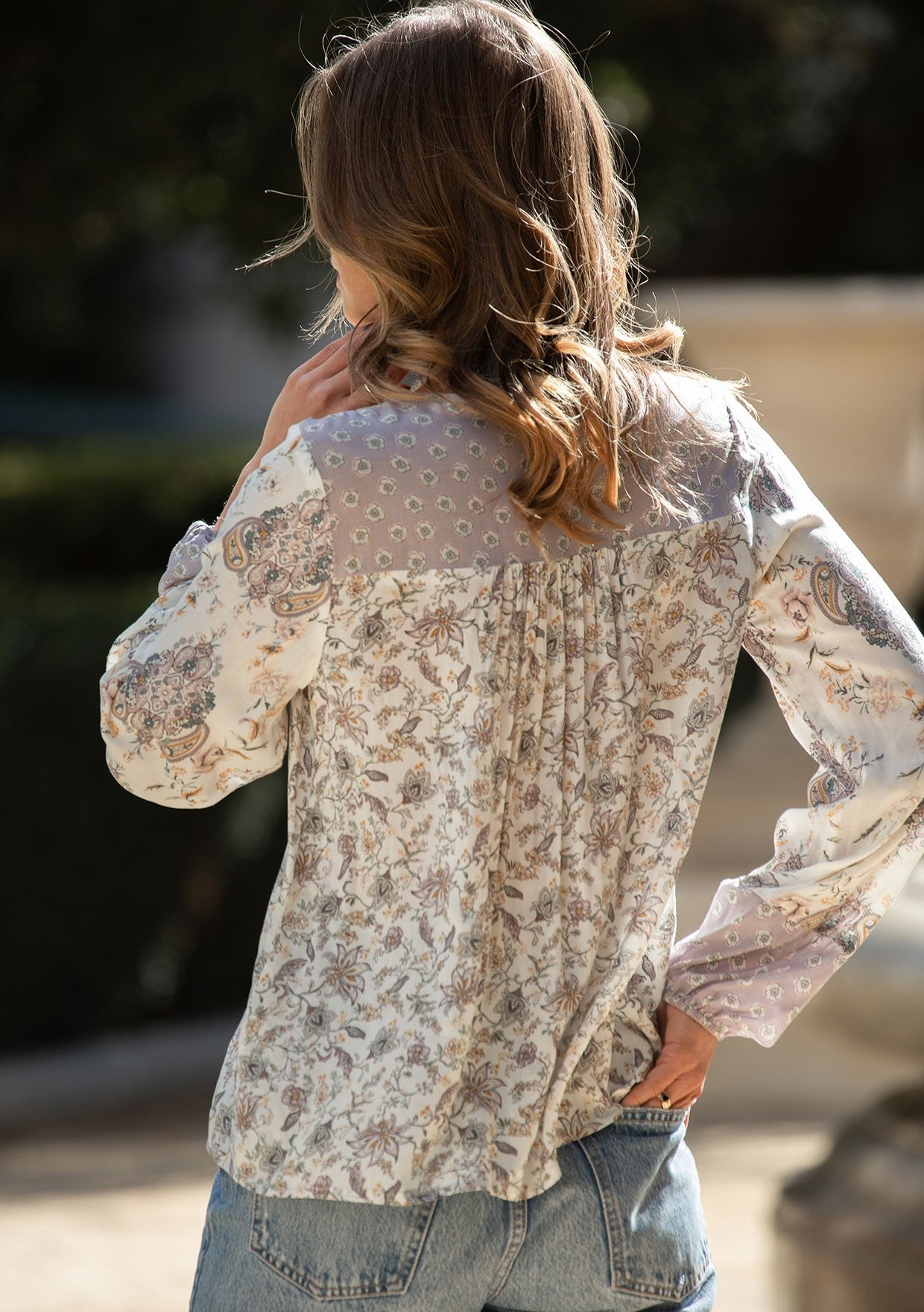 Floral Long Sleeve V Neck Blouse - Natural Dusty Lilac