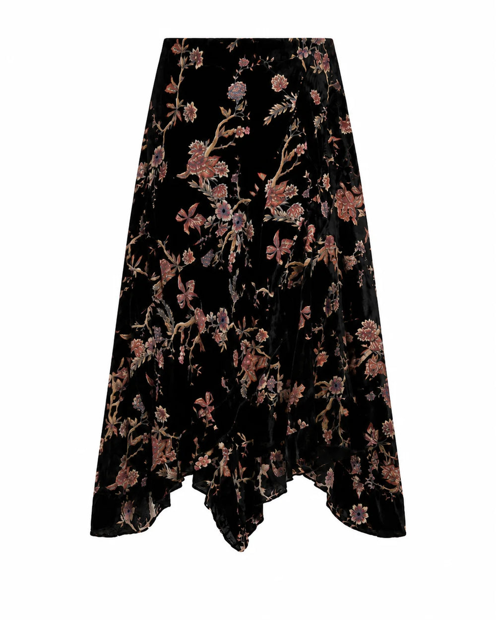 A black velvet midi skirt with an all-over floral print in dusty pink, mauve, and muted gold, featuring an asymmetrical draped hem.