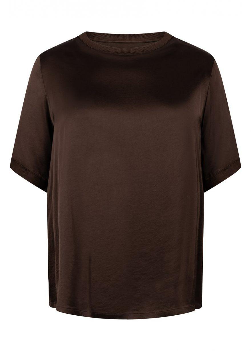 A dark brown short-sleeve crewneck t-shirt displayed on a clean white background.