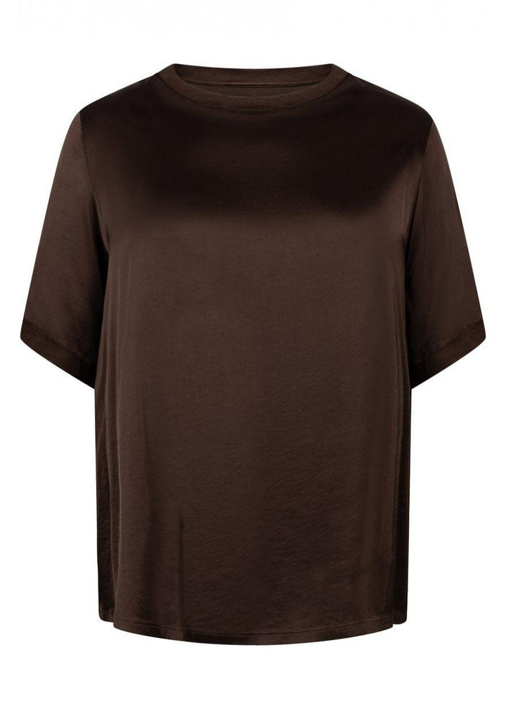 A dark brown short-sleeve crewneck t-shirt displayed on a clean white background.