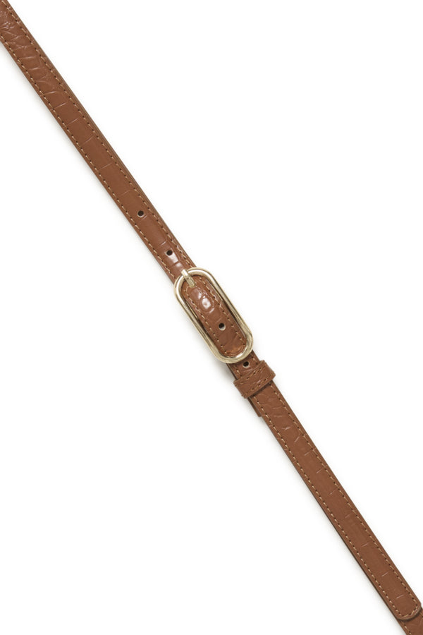 Brown leather belt with a gold buckle on a white background