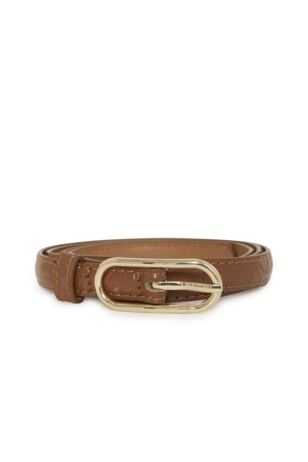 Brown leather belt with a gold buckle on a white background
