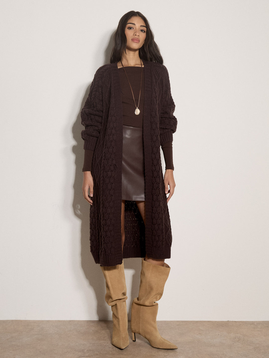 Cable Knit Open Midi Cardigan - Brown