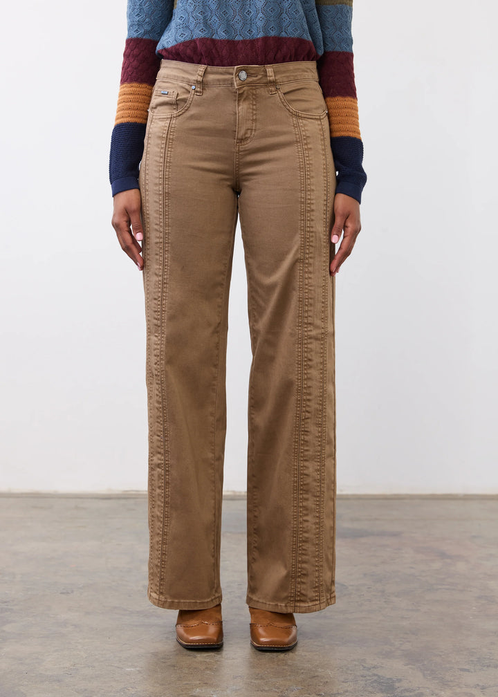 A model is shown from the waist down wearing a pair of high-waisted, straight-leg brown pants with decorative vertical stitching down the front of the legs, paired with a striped knit sweater and brown leather shoes.