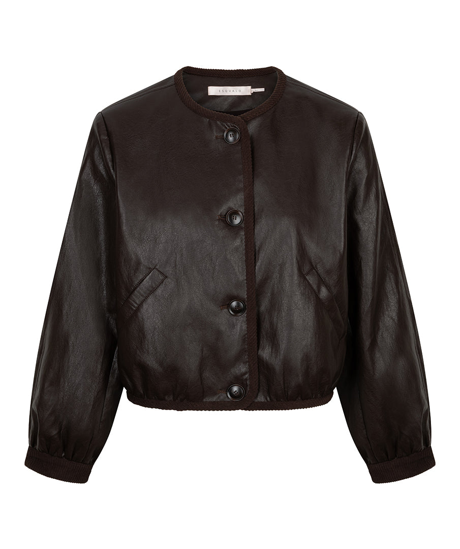 A dark brown faux-leather cropped jacket with a button-front closure, ribbed collar, cuffs, and hem, displayed on a clean white background.