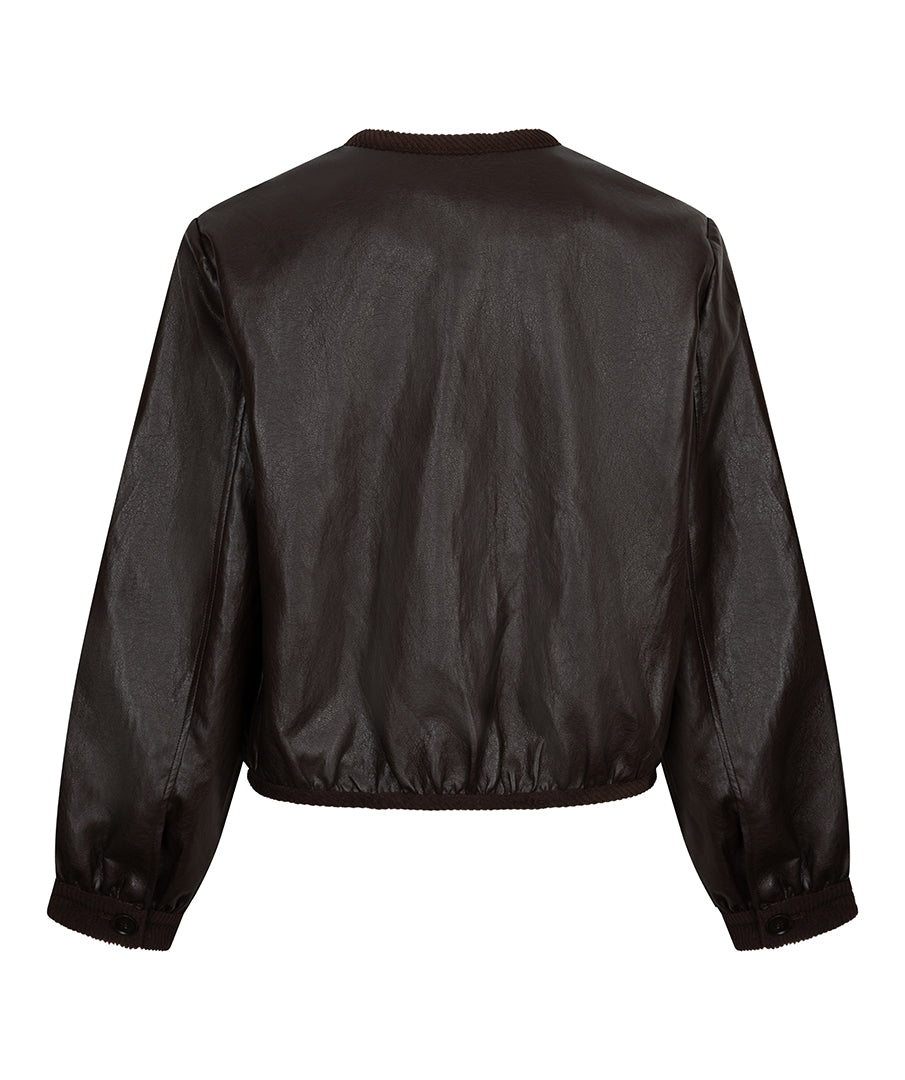 A dark brown faux-leather cropped jacket shown from the back, featuring long sleeves with ribbed cuffs and a gathered elastic hem, set against a plain white background.