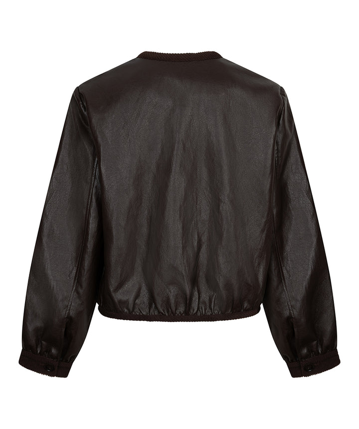 A dark brown faux-leather cropped jacket shown from the back, featuring long sleeves with ribbed cuffs and a gathered elastic hem, set against a plain white background.