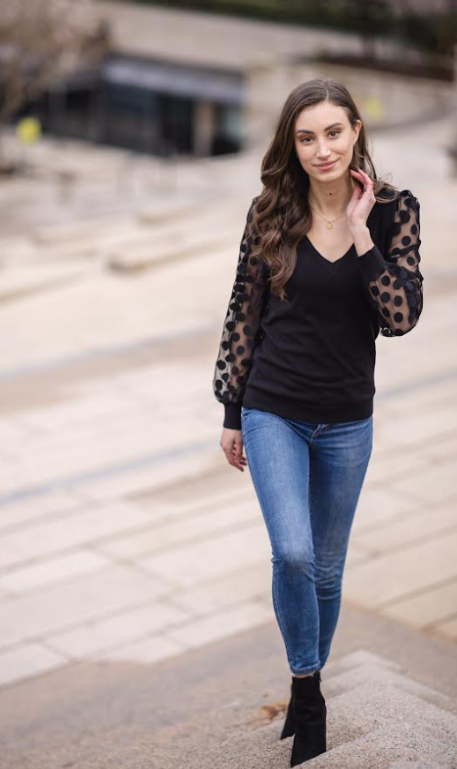 V-Neck Sweater with Sheer Polka Dot Sleeves - Black