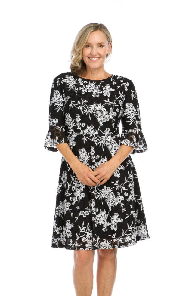 Floral Stretch Lace Skater Dress - Black White Floral