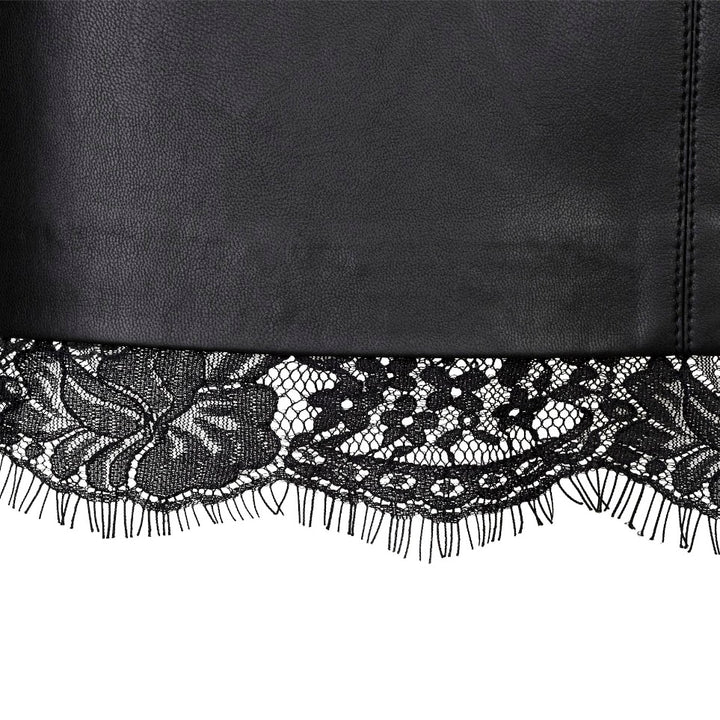 Close-up of a black faux-leather or leather trim with a decorative black floral lace hem and fringe, shown against a white background.