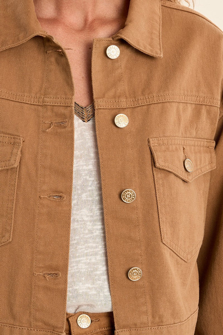 Close-up of a brown jacket with button details