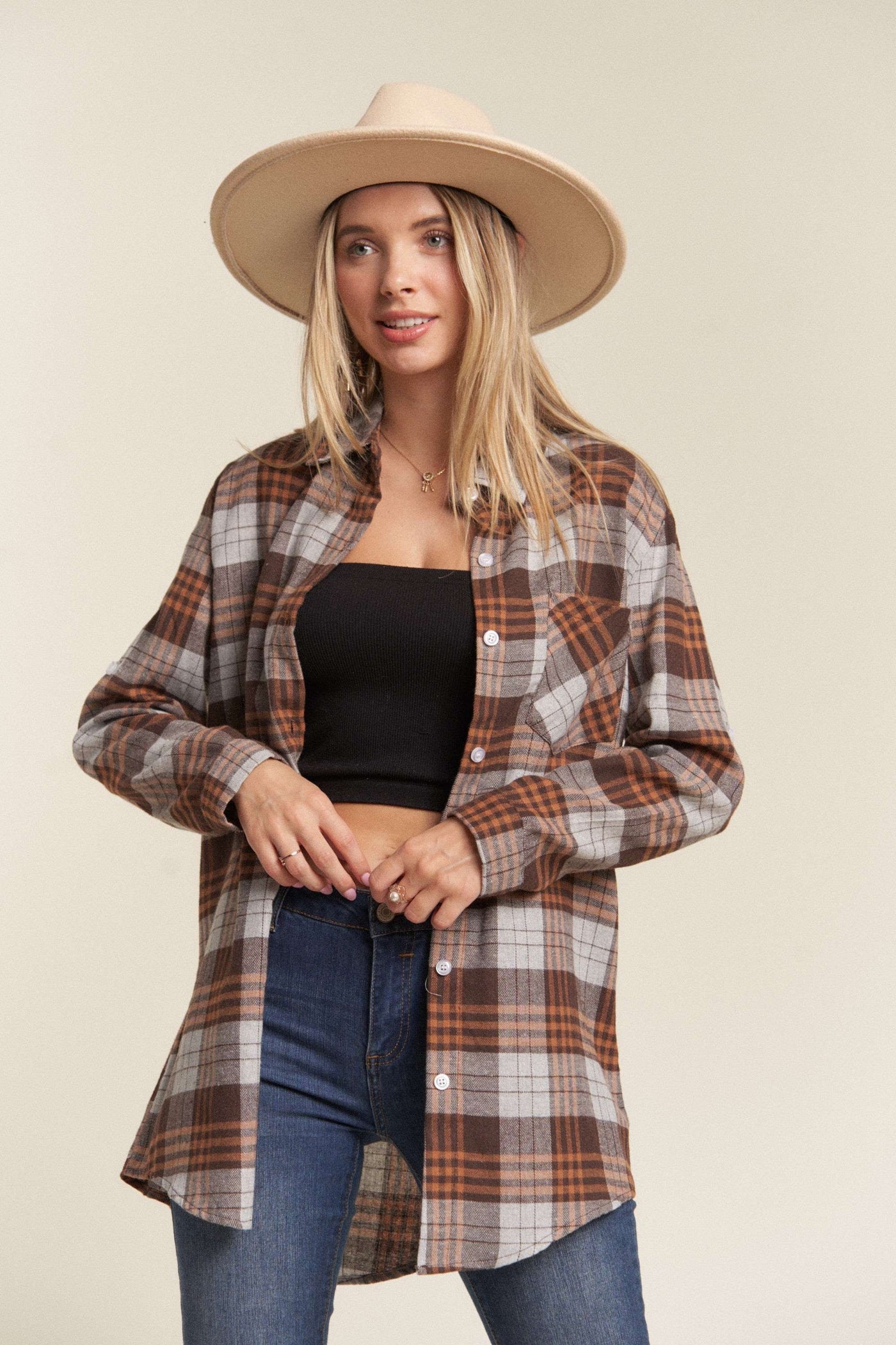 Plaid Button-Down Shirt - Brown