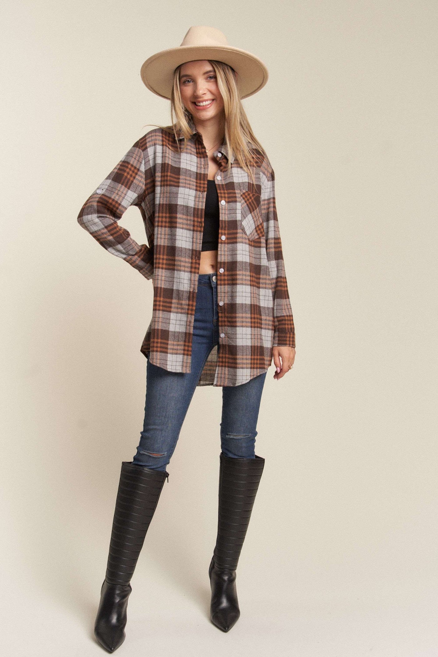 Plaid Button-Down Shirt - Brown