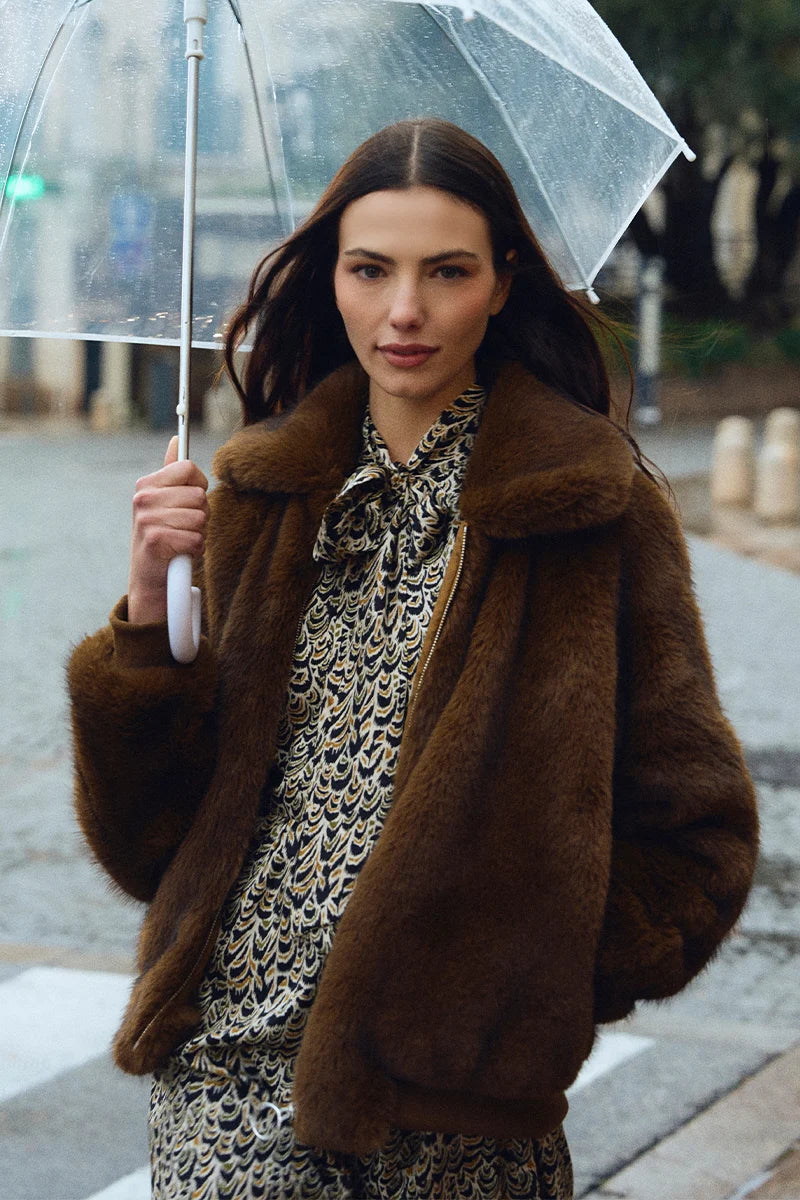 Faux Fur Jacket - Brown