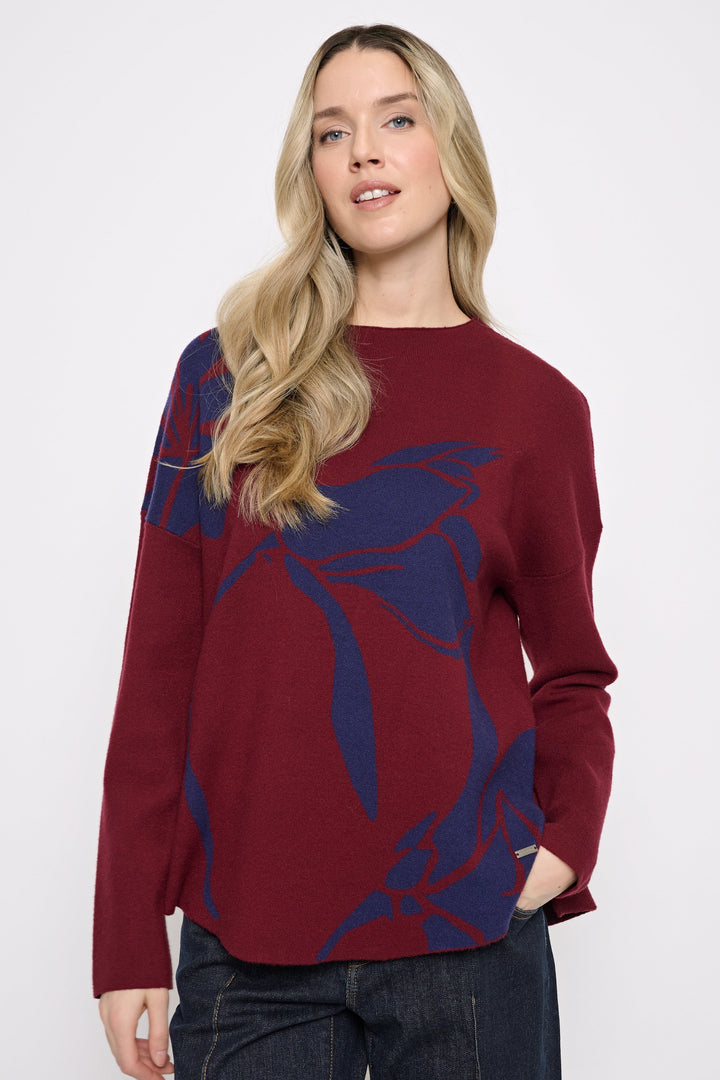 Funnel Neck Floral Top - Cabernet/Denim Multi