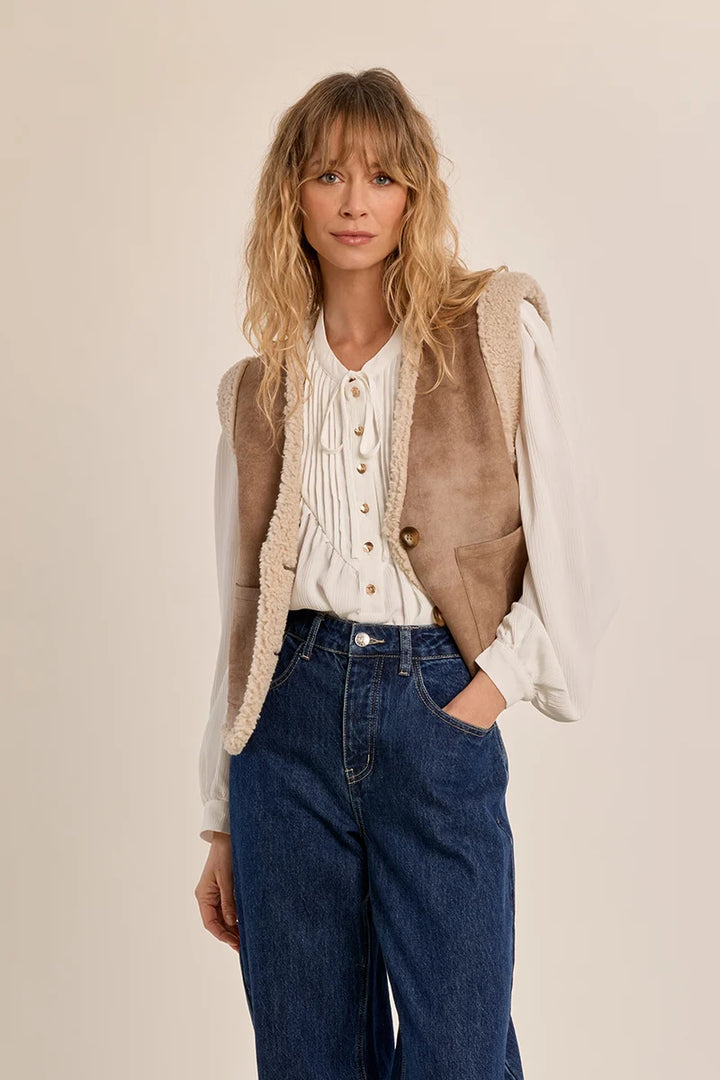Imitation Sheepskin Sherpa Lined Vest - Dark Beige