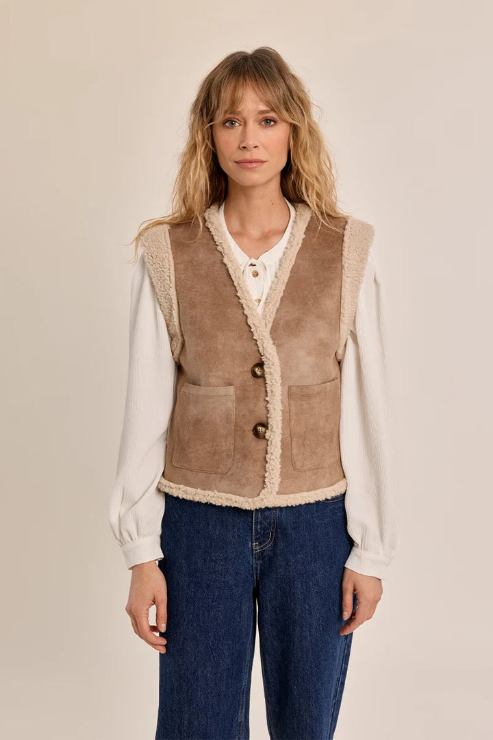 Imitation Sheepskin Sherpa Lined Vest - Dark Beige