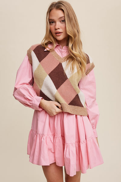 Argyle Cropped Sweater Vest - Pink Multi