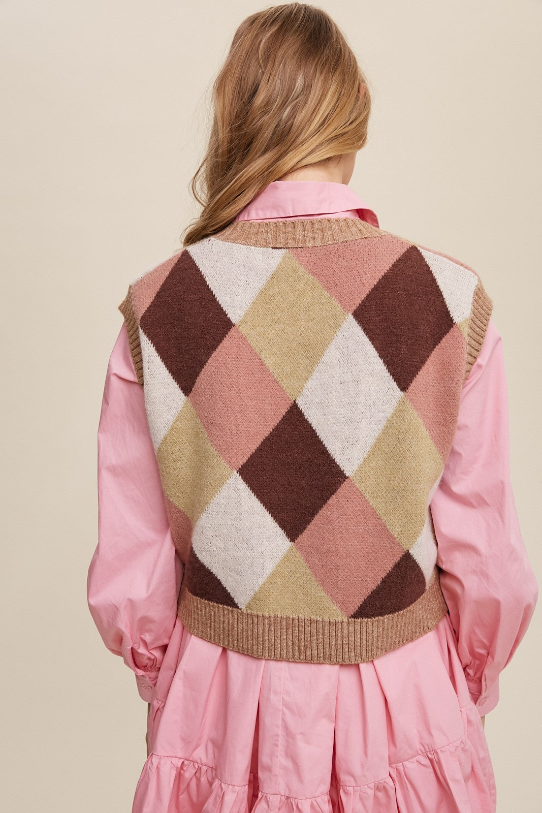 Argyle Cropped Sweater Vest - Pink Multi