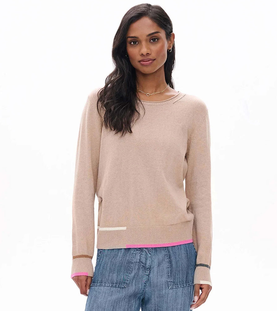 Eden Cotton &amp; Cashmere Stripe Trim Sweater – Oatmeal