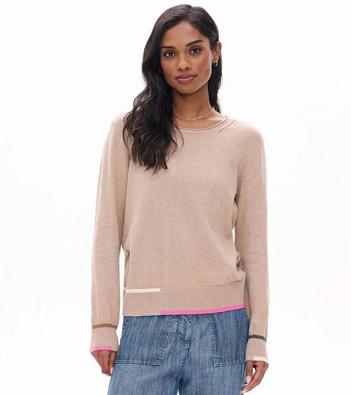 Eden Cotton &amp; Cashmere Stripe Trim Sweater – Oatmeal