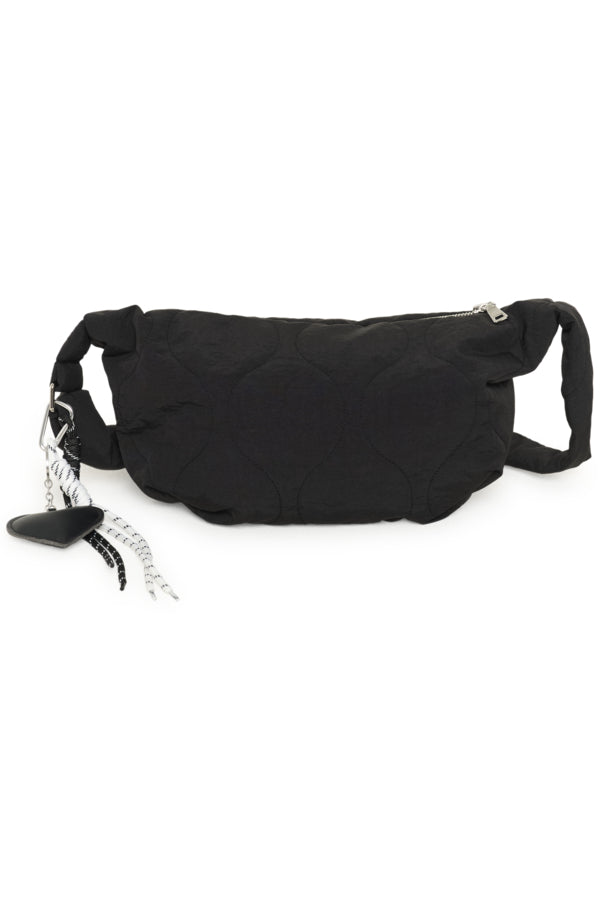 Black waist bag with a chain detail on a white background
