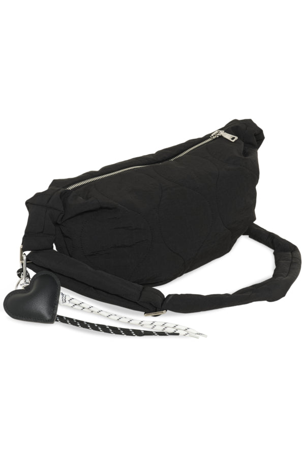 Black waist bag with a heart-shaped object on a white background