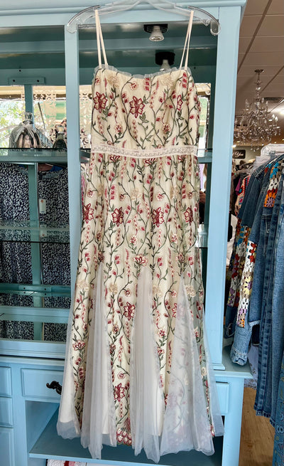 Whimsical strapless dress with floral detail - Natural