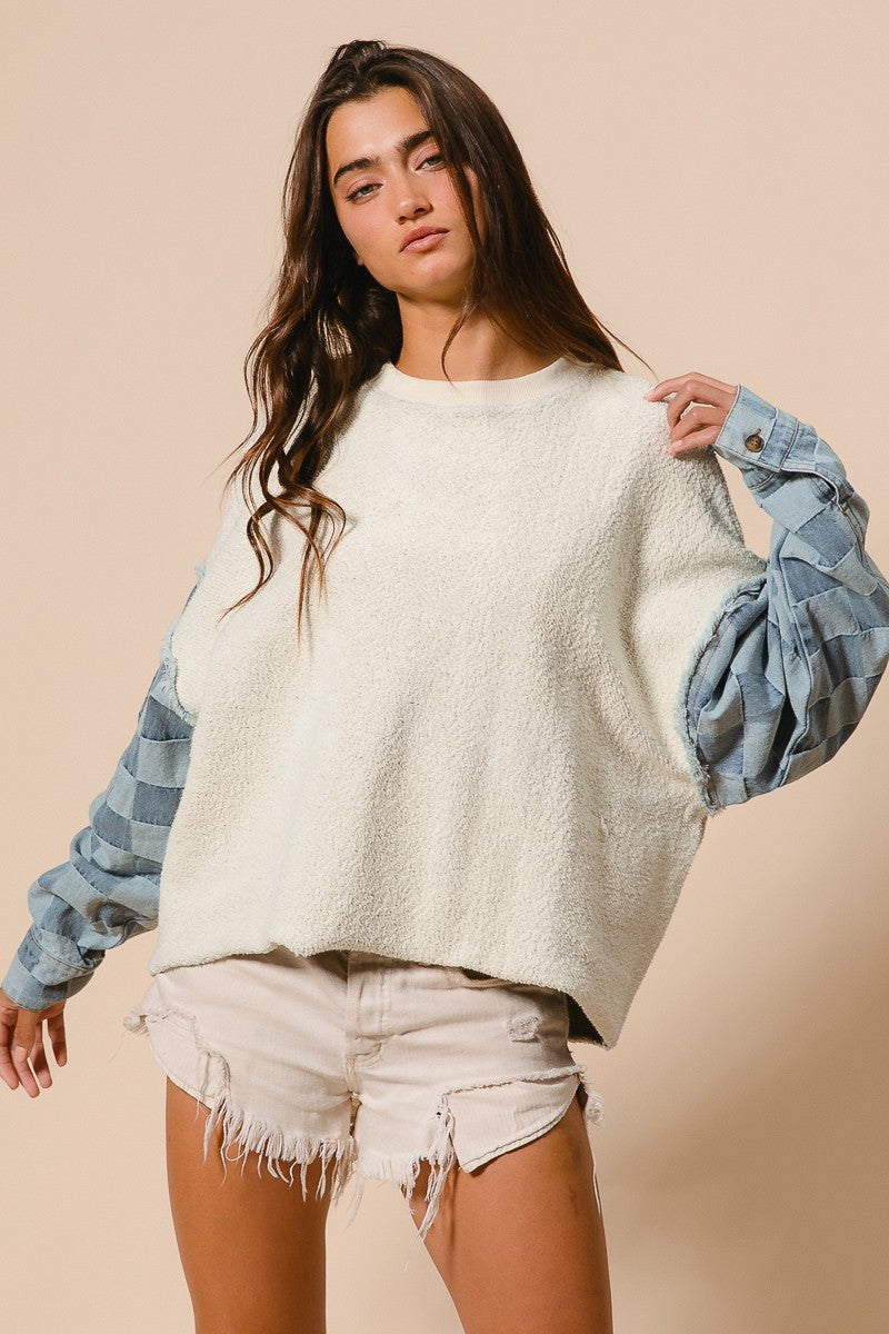 RESTOCKED!! Loop Terry with Washed Checker Denim Pullover - Ivory Denim